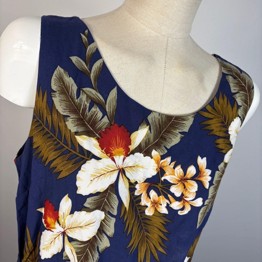 ❤️ VTG TwoPalms Hawaii Navy Floral Sarong Dress Faux Wrap Midi Boho Tropical L - Picture 4 of 10